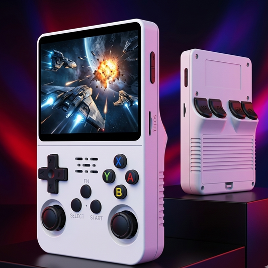 Handheld gaming console with a space-themed game on screen against a dark background