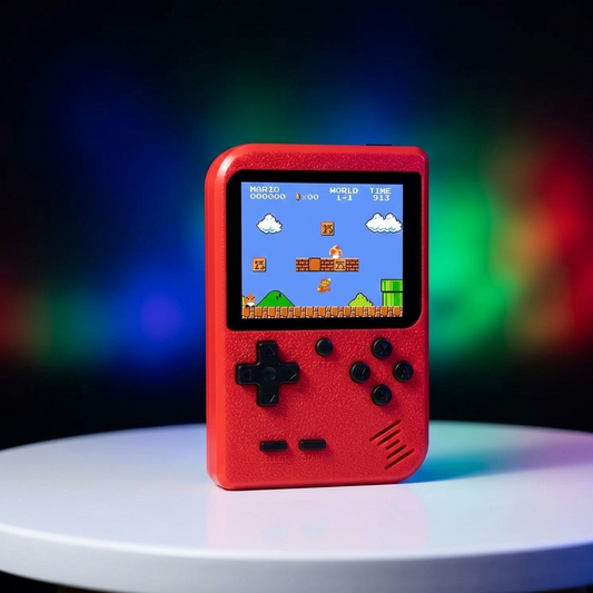 Red Fidgix Nano Plus™ console with a classic game displayed on the screen, set against a colorful, blurred background.