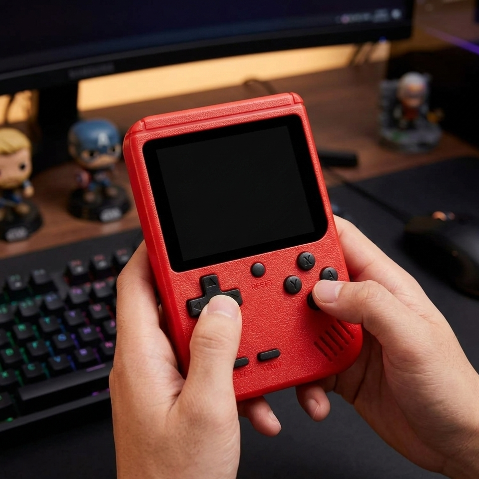 Person holding Fidgix Nano Plus™ console with a computer setup in the background