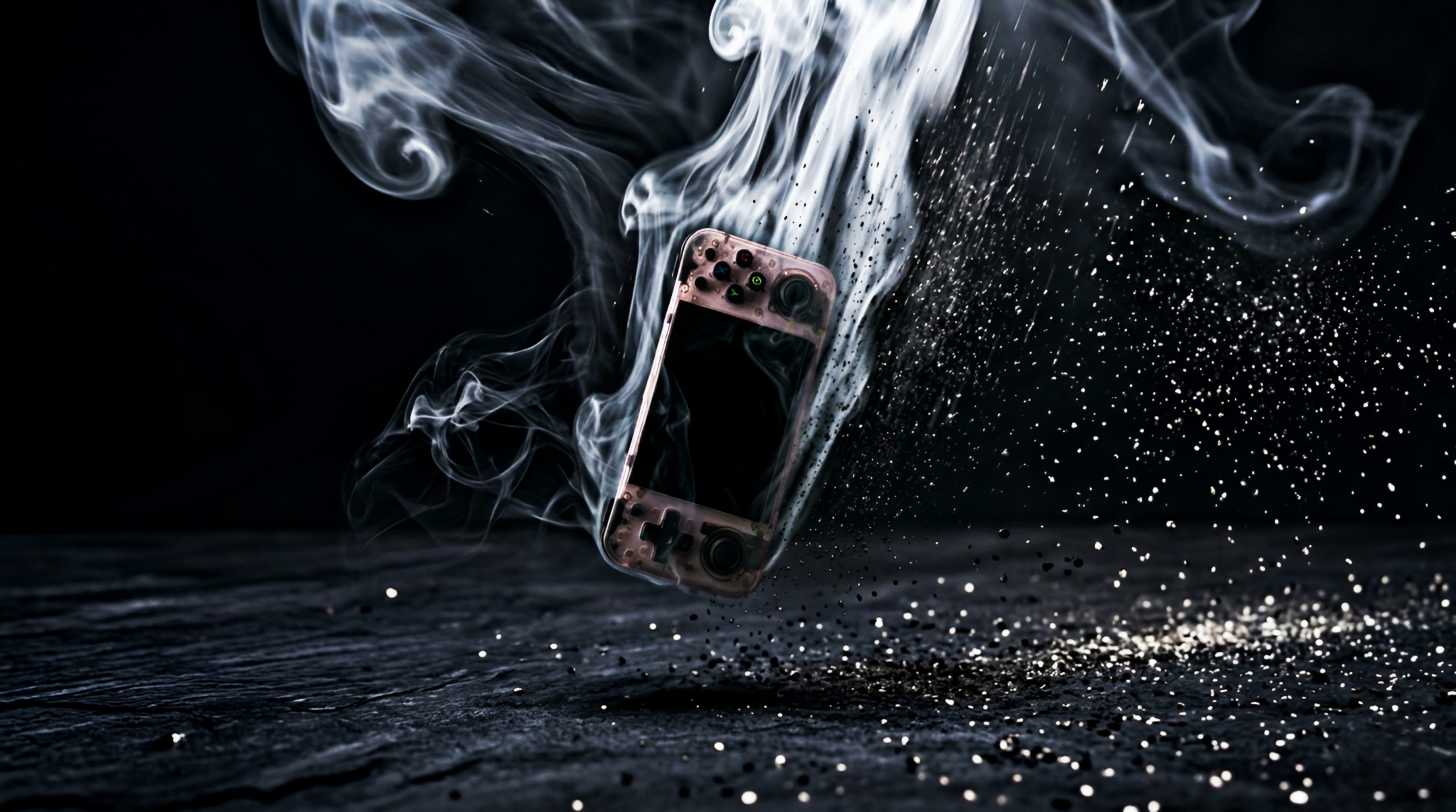Smoking phone on a dark surface with smoke and sparks