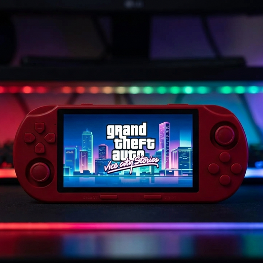 Red Fidgix Nano Pro™ console displaying 'Grand Theft Auto Vice City Stories' with a colorful blurred background.