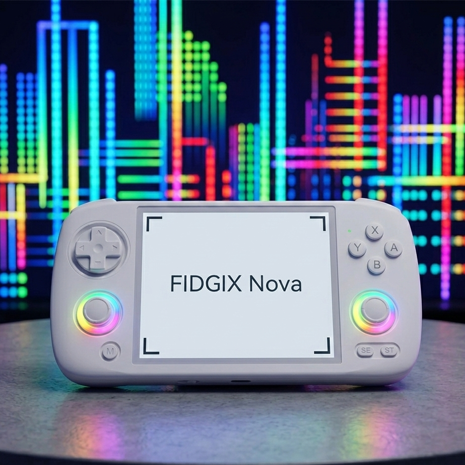 FIDGIX Nova handheld device with colorful digital display in the background