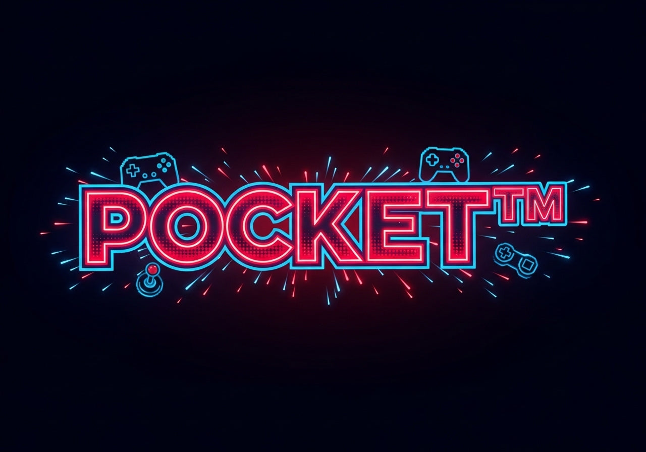 Neon-style 'POCKET' logo with gaming icons on a black background