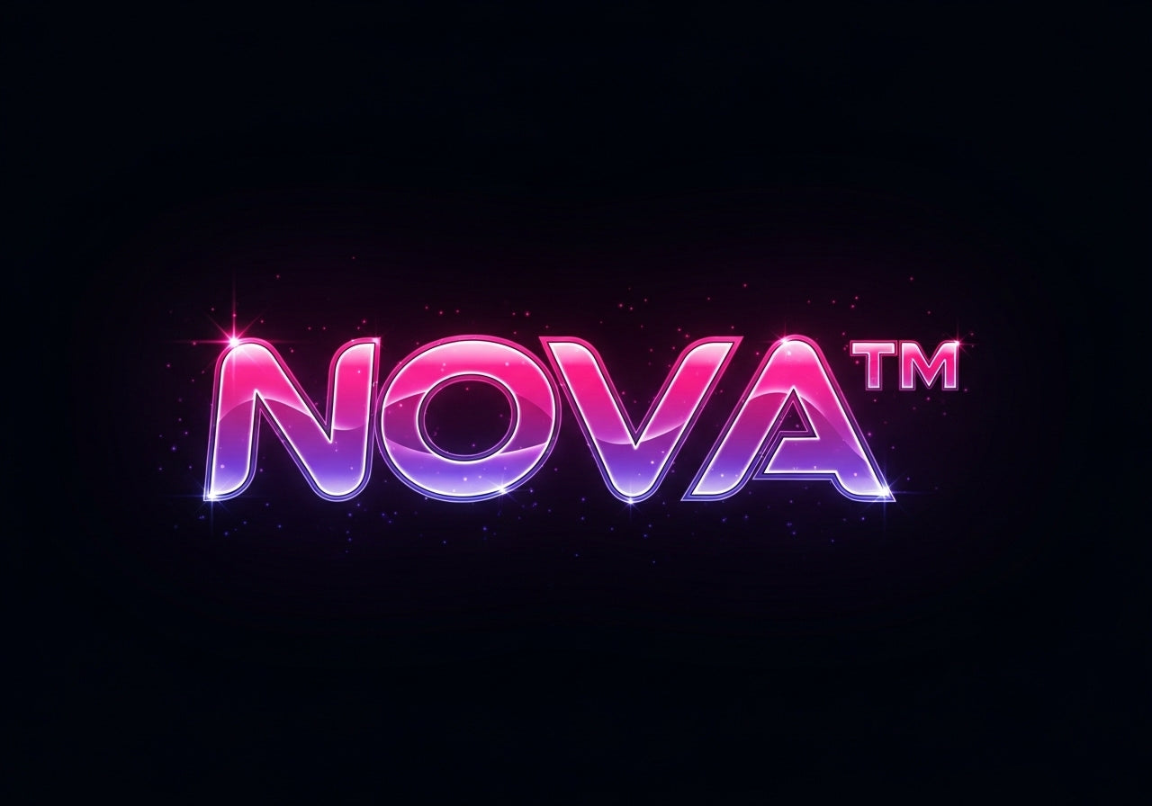 Neon 'NOVA' logo on a black background