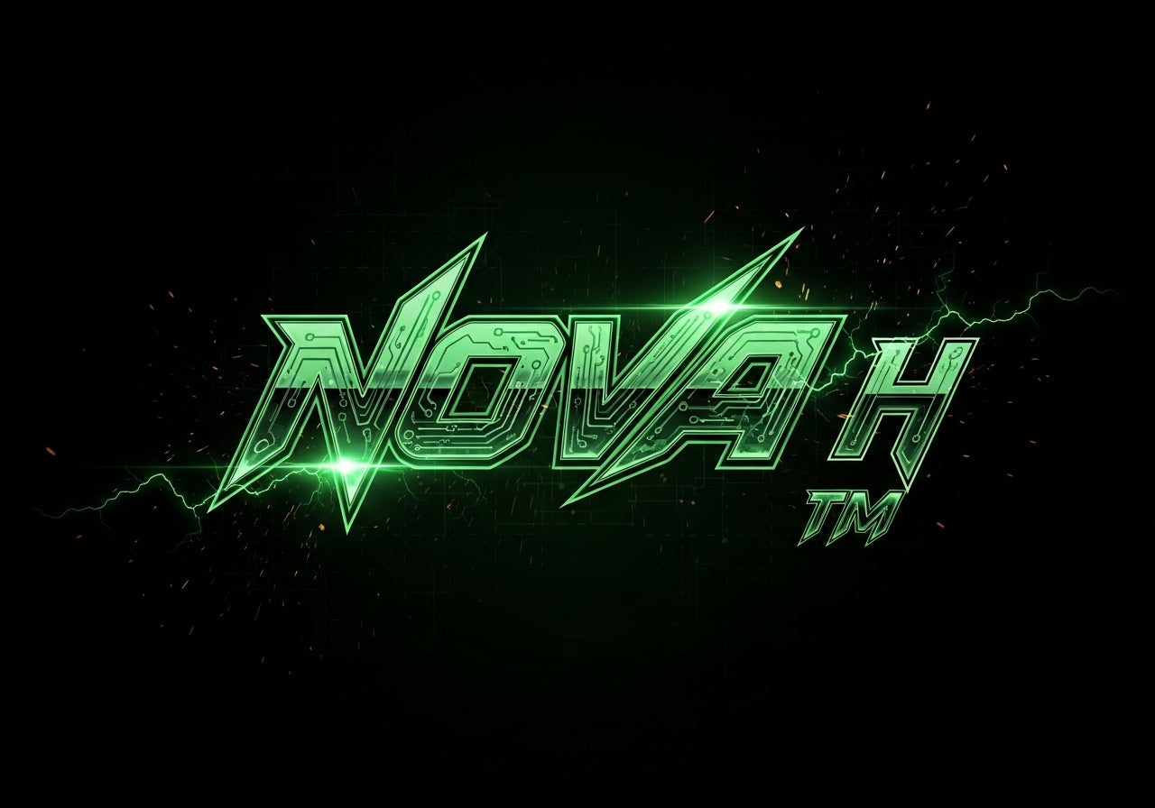 Green 'Nova 4' logo with lightning effects on a black background