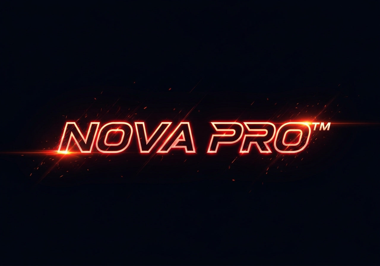 Neon 'NOVA PRO' logo on a black background