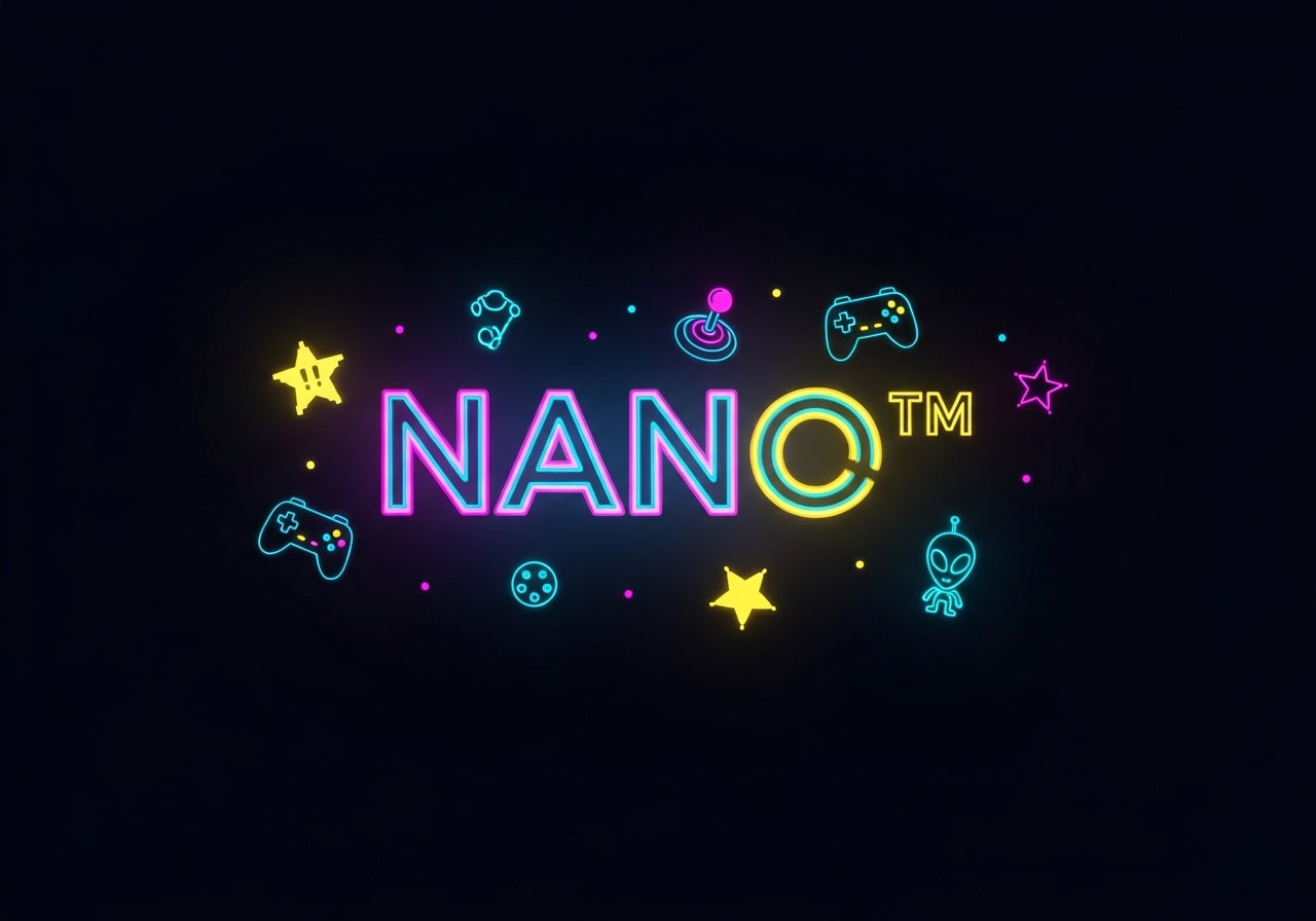 Neon-style 'NANO' logo with gaming icons on a black background