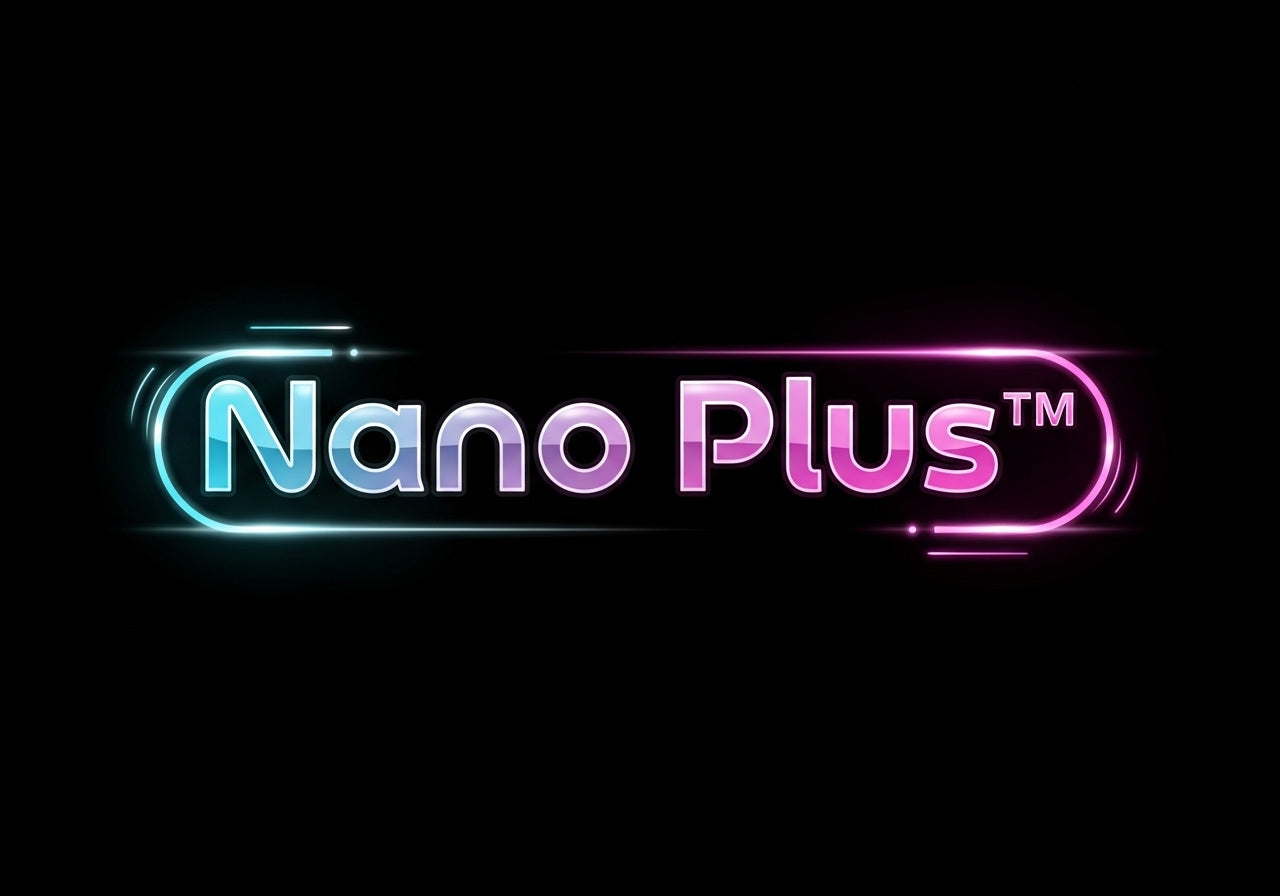 Neon sign with 'Nano Plus' text on a black background