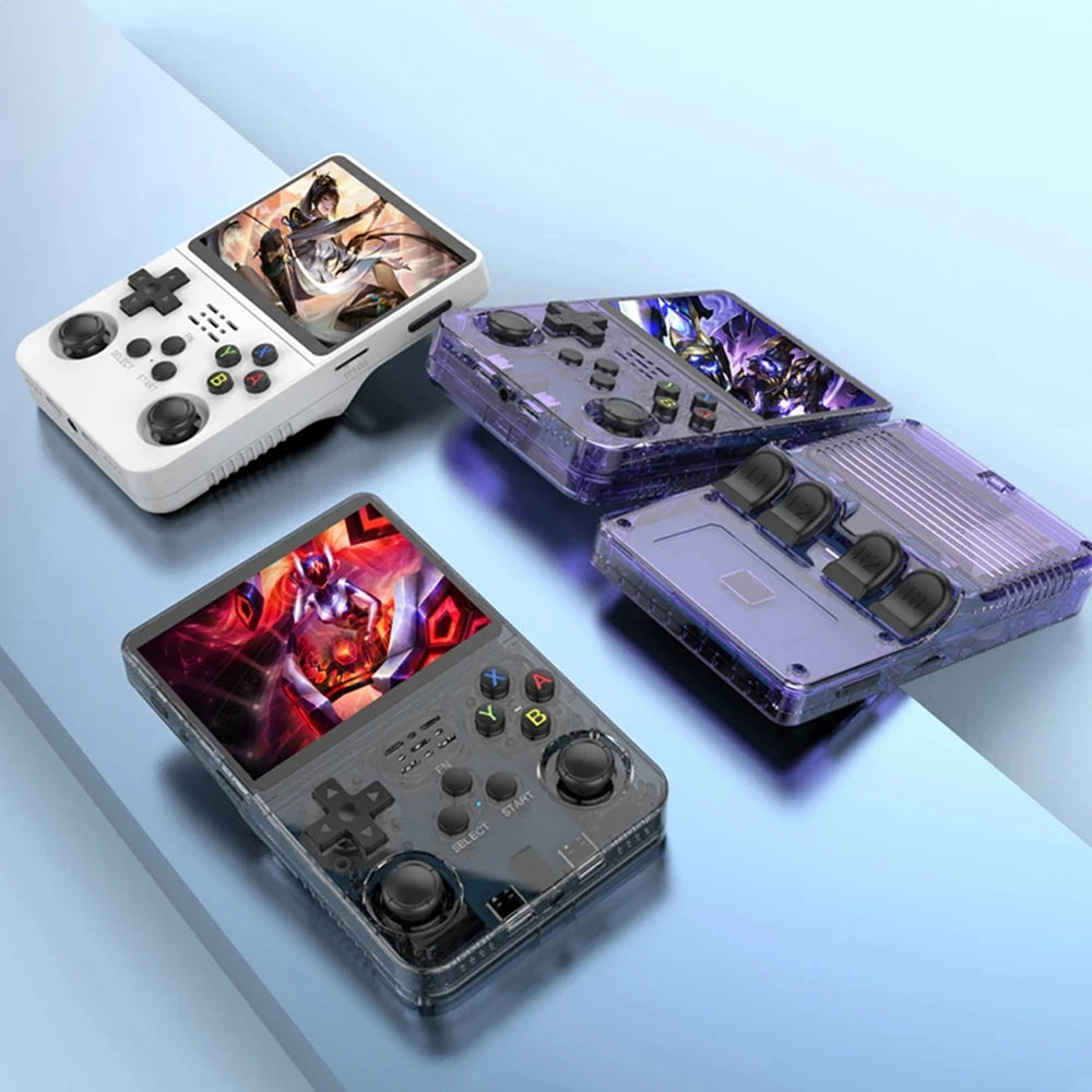 Four handheld gaming consoles with different color schemes on a light blue background