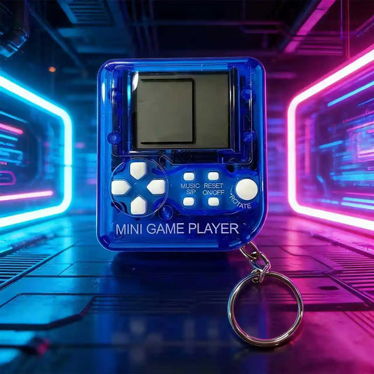 Blue Fidgix Nano™ with a keychain in a futuristic setting with neon lights.