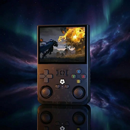 Handheld gaming console with a game displayed on screen against a starry sky background