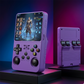 Purple handheld gaming console with screen displaying game interface on a dark background