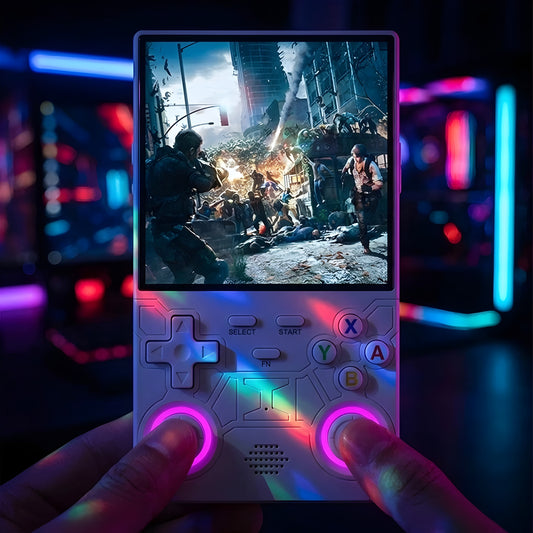 Handheld gaming console with colorful buttons being used to play a video game, with a vibrant, blurred background.