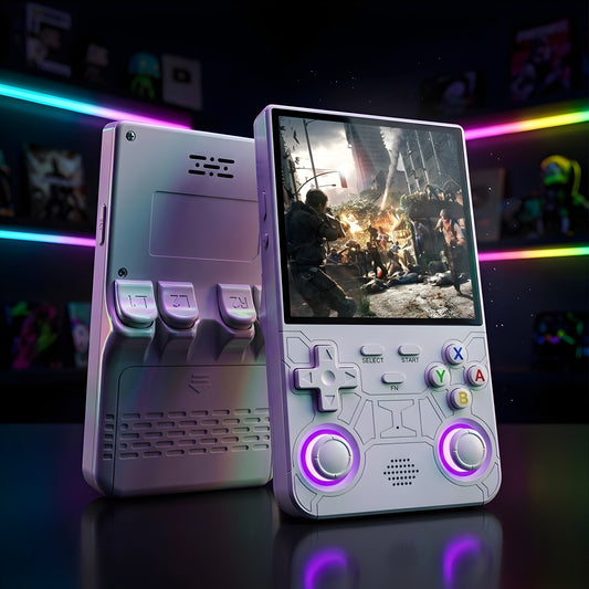 Handheld gaming console with colorful display and buttons on a reflective surface.