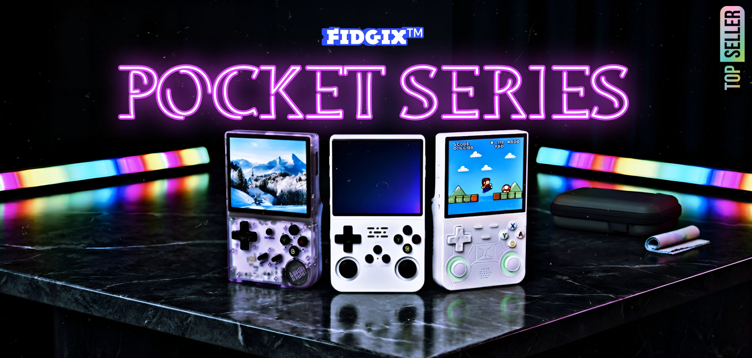 Three handheld gaming consoles on a reflective surface with 'Fidgix Pocket Series' branding.