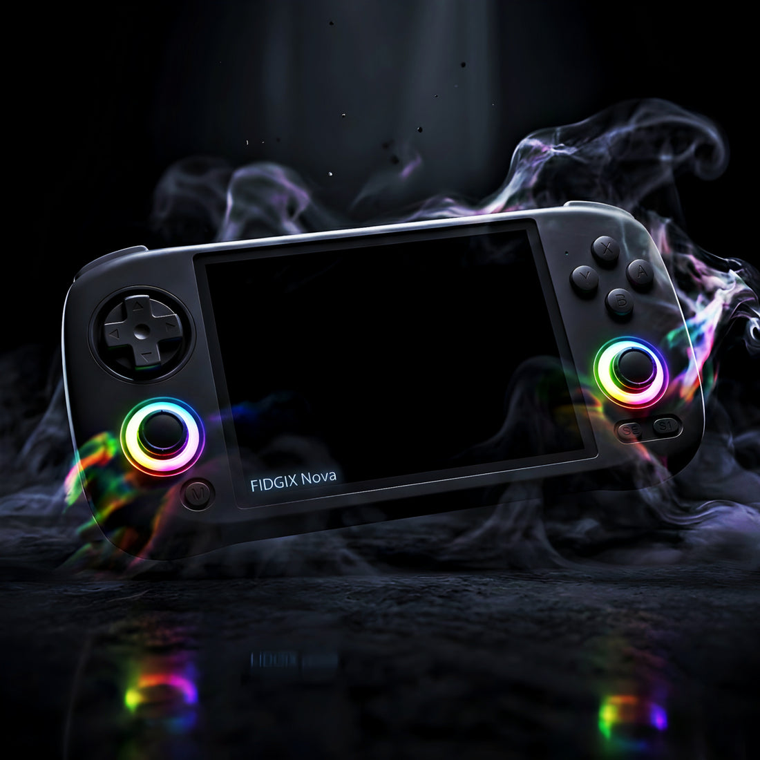 Gaming console with RGB lighting effects on a dark background