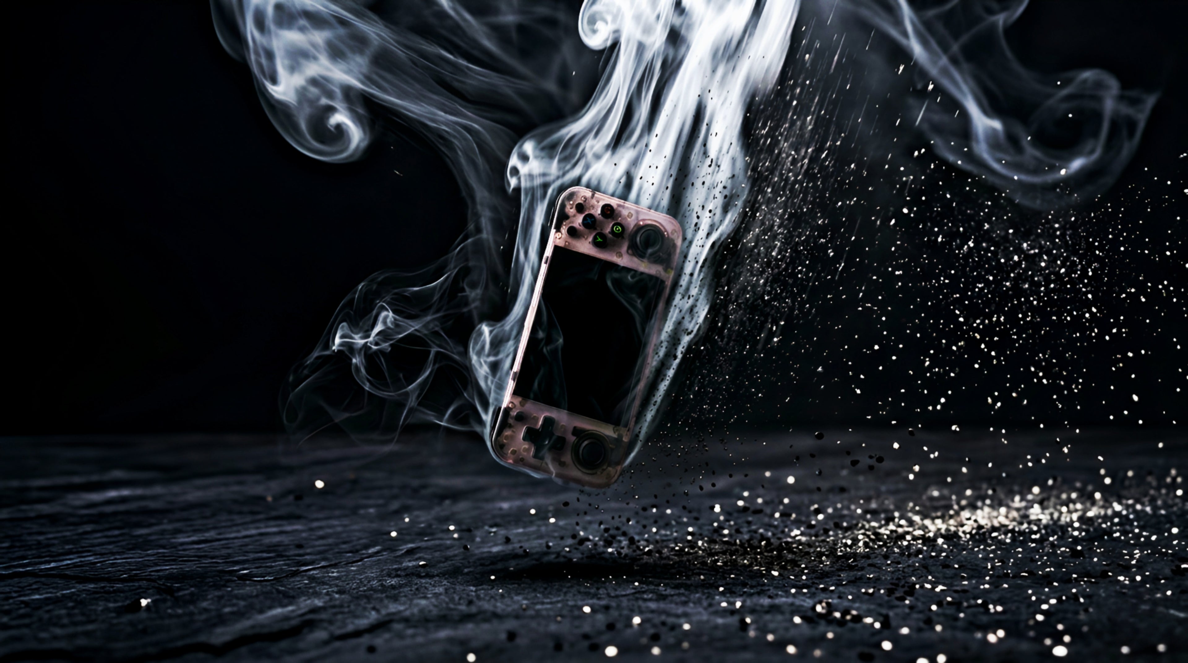 Smoking phone on a dark surface with smoke and sparks