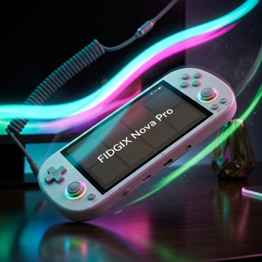 Handheld gaming console with 'FIDGIX Nova Pro' on screen, surrounded by colorful lights.