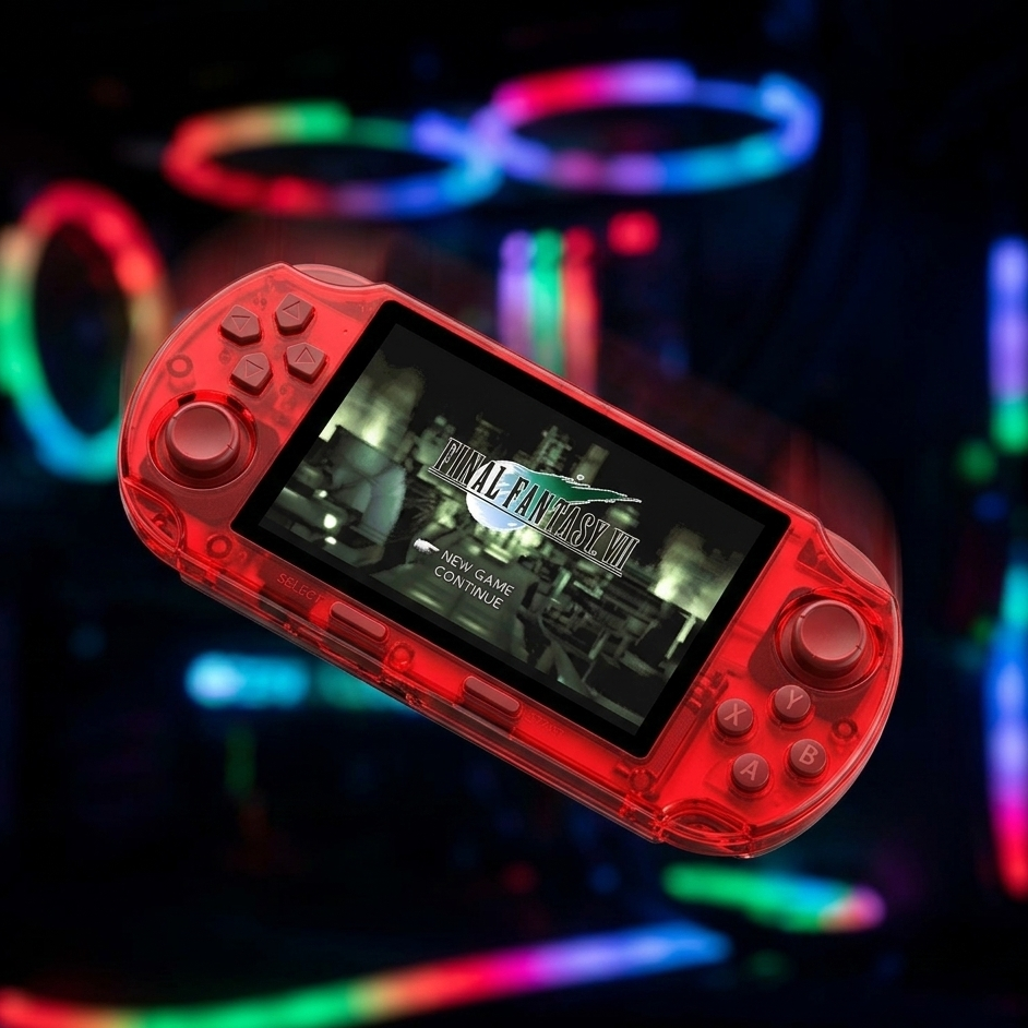 Transparent red Fidgix Nano Pro™ console with 'Final Fantasy VII' game on screen, colorful lights in background