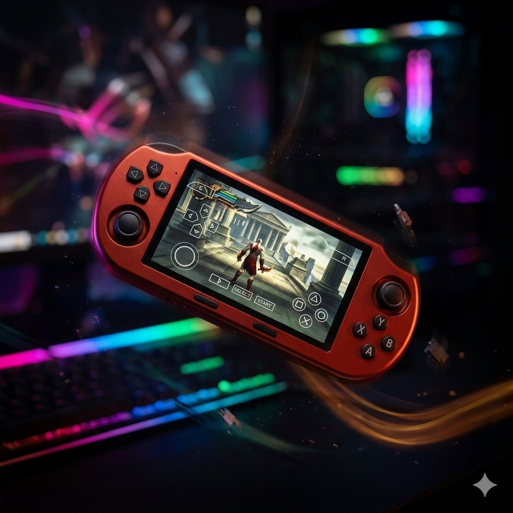 Red Fidgix Nano Pro™ console with a game displayed on a colorful, blurred background