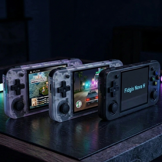 Fidgix Nova H™ consoles on a dark surface with games displayed on their screens.