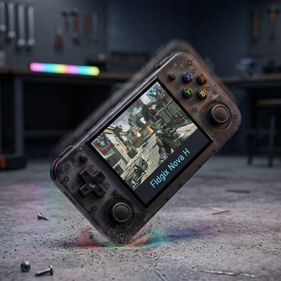 Fidgix Nova H™ console with screen displaying a game, surrounded by tools and equipment.