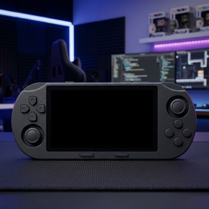 Black Fidgix Nano Pro™ console on a dark surface with a blurred gaming setup in the background.