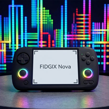 Fidgix Nova™ console with 'FIDGIX Nova' on screen against a colorful abstract background