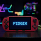 Red Fidgix Nano Pro™ console with 'FIDGIX' on screen against a colorful blurred background