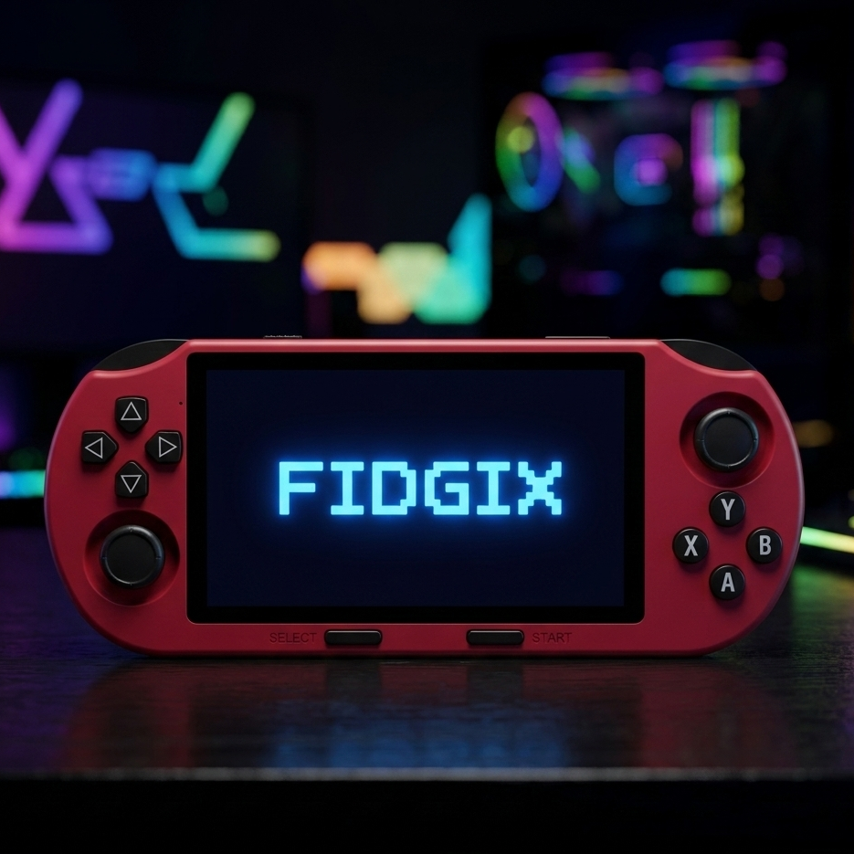 Red Fidgix Nano Pro™ console with 'FIDGIX' on screen against a colorful blurred background