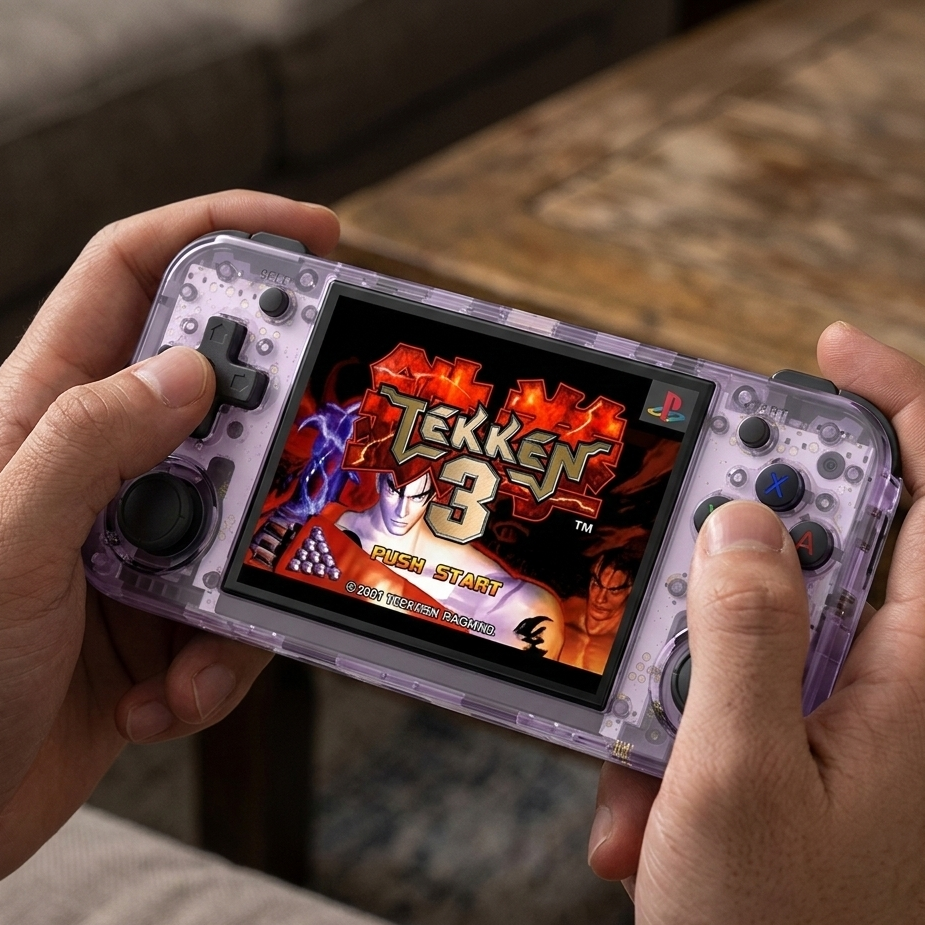 Fidgix Nova H™ console displaying 'Tekken 3' game being held by a person.