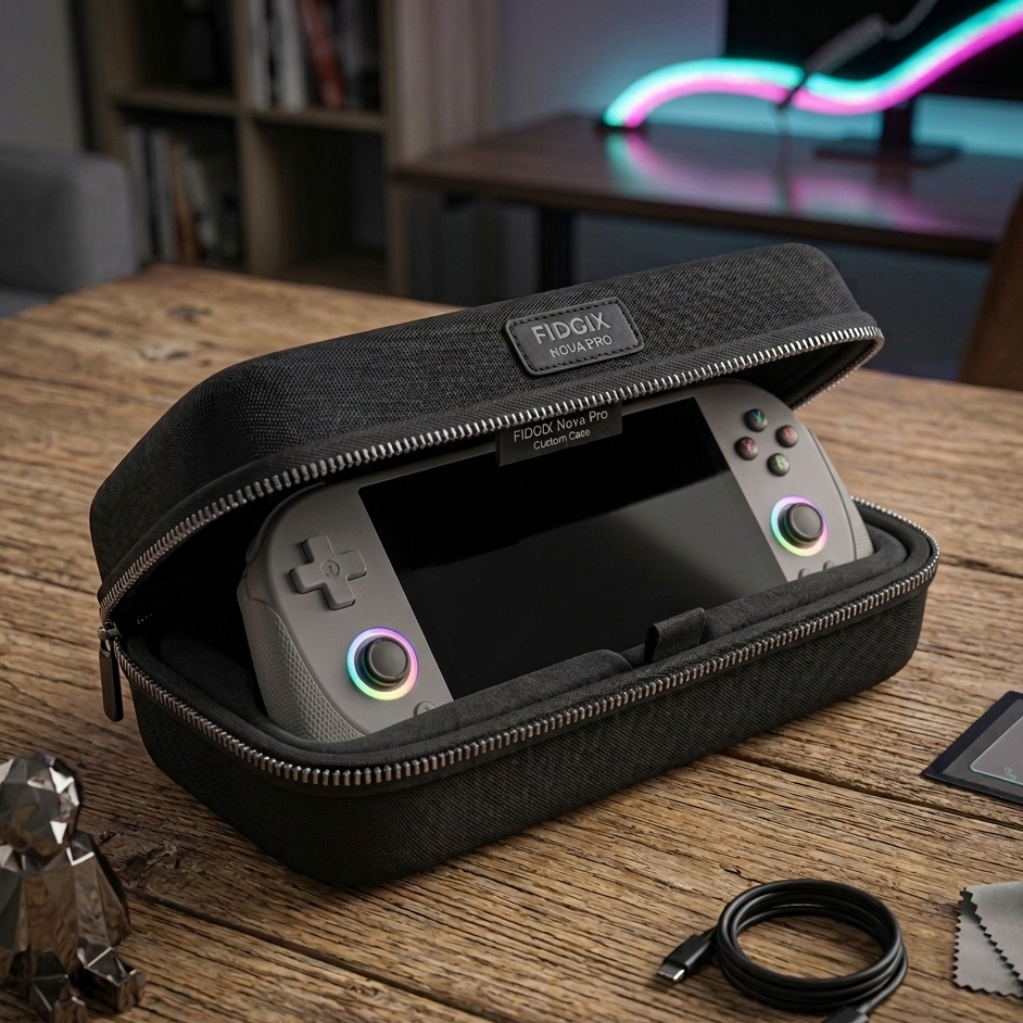 FIDGIX Nova Pro Console with accessories in a carrying case on a wooden table