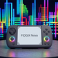 Handheld gaming console with 'FIDGIX Nova' on screen against a colorful digital background