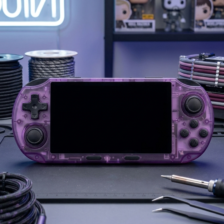 Purple handheld gaming console on a table with tools and cables