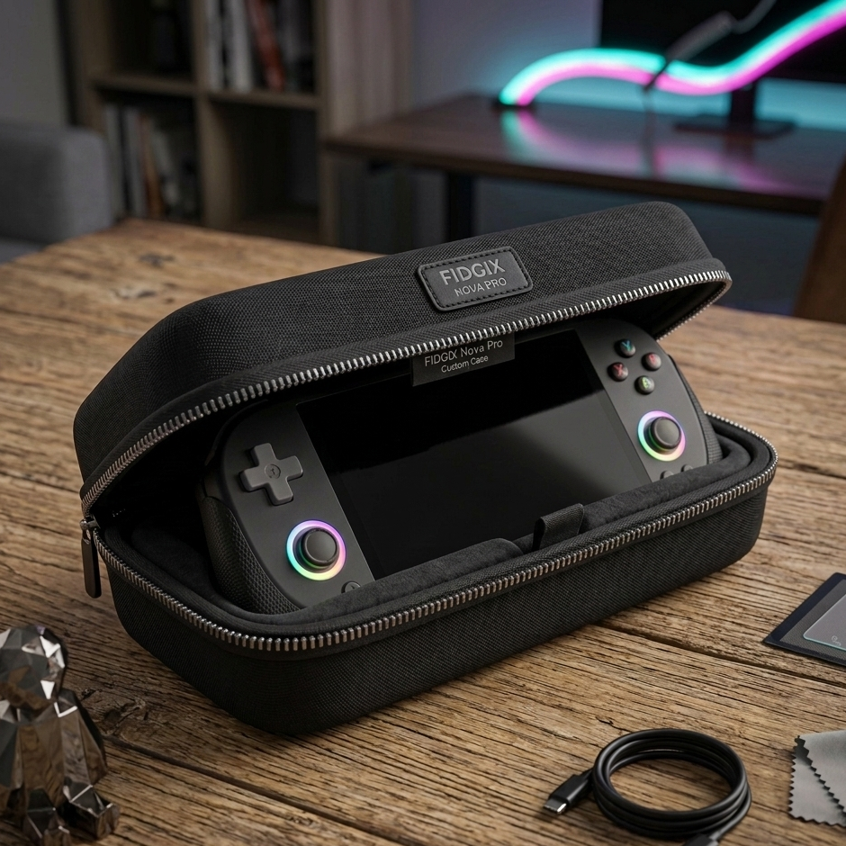 FIDGIX Nova Pro Console in a carrying case on a wooden table with neon lights in the background