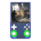 Handheld gaming console with a screen displaying a video game scene on a white background