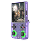 Handheld gaming console with transparent purple casing and green accents, displaying a video game on screen.