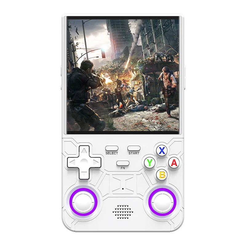 Handheld gaming console with a screen displaying a video game scene on a white background