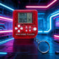 Red Fidgix Nano™ keychain with digital display in a futuristic setting