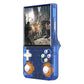 Handheld gaming console with blue casing and screen displaying a game scene.