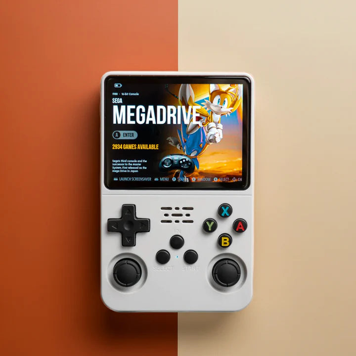 Handheld gaming console with screen displaying 'Sega Megadrive' menu on a two-tone background.
