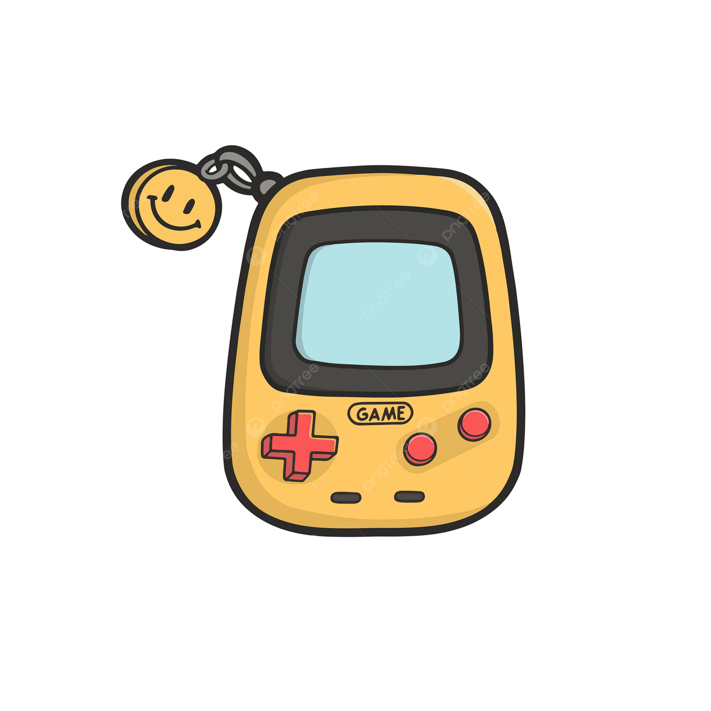 Yellow handheld game console with a smiley face keychain on a white background
