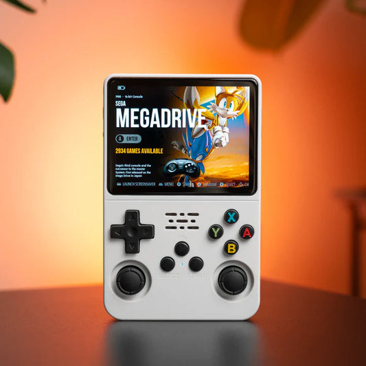 Handheld gaming console with screen displaying 'Sega Megadrive' menu on an orange background