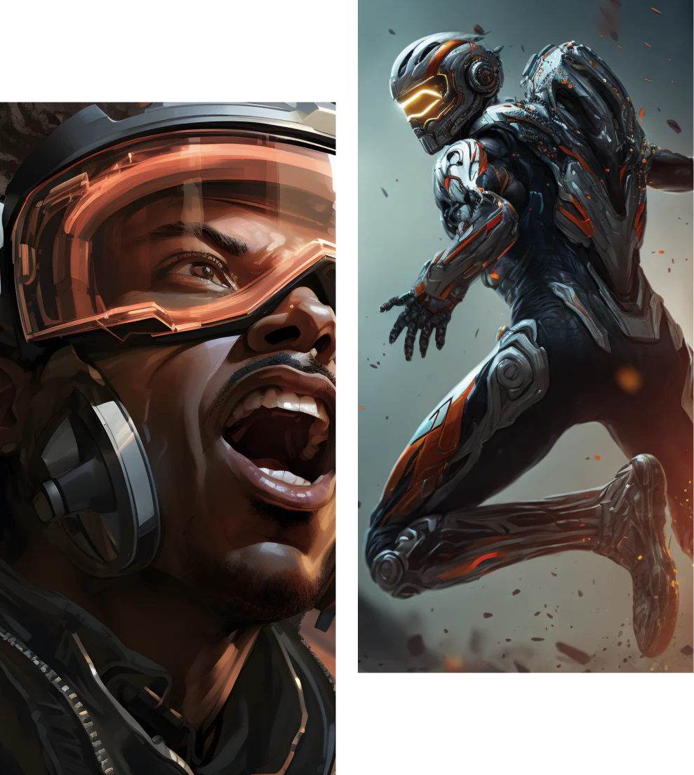 Two panels showing a person wearing futuristic goggles and a robot in a dynamic pose.